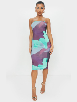 Multi Abstract Printed Slinky Bandeau Midi Dress