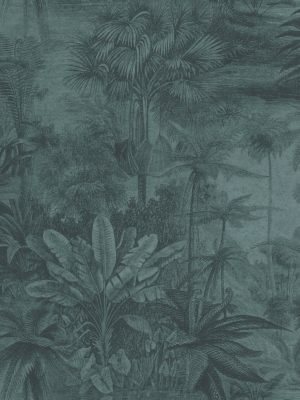 Dark Blue Metallic Tropical Print Wallpaper By Walls Republic