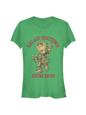 Junior's Marvel Christmas Groot Galaxy Greetings Mom T-shirt