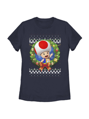 Women's Nintendo Christmas Toad Wreath T-shirt