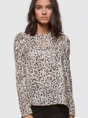 Arianna Leopard Print Pouf Sleeve Keyhole Blouse