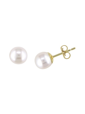 6-6.5mm Round Cultured Freshwater Pearl Stud Earrings In 14k Yellow Gold - White