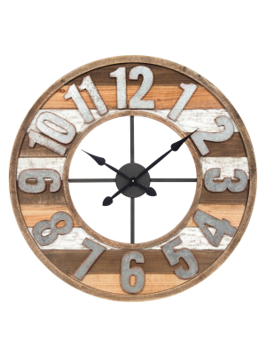 33" Rustic Reclaimed Wood And Metal Wall Clock Natural - Gallery Solutions