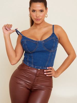 Shape Mid Blue Wash Cup Detail Denim Crop Top