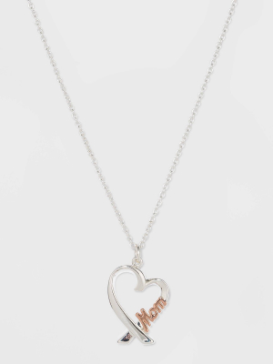 Silver Plated Rose Two Tone Heart Pendant Necklace - Silver Gray