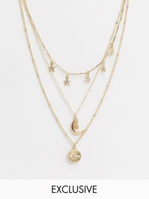 Reclaimed Vintage Inspired Moon And Stars Multirow Necklace In Gold