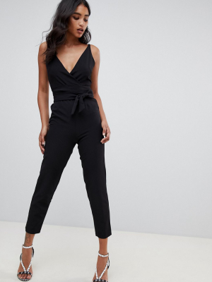 Asos Design Wrap Front Jumpsuit With Peg Leg And Self Belt In Black