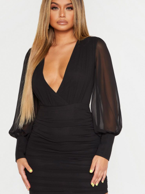 Black Long Sleeve Chiffon Ruched Bodycon Dress