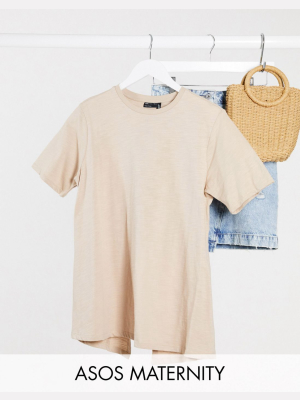 Asos Design Maternity Textured T-shirt With Wrap Back In Taupe