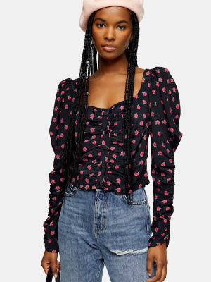 Tall Black Floral Ruched Bust Prairie Blouse