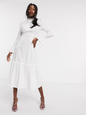 Never Fully Dressed Embroidered Long Sleeve Fluted Hem Maxi Dress In White