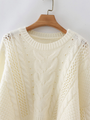 'esmae' Crewneck Openwork Cable Knit Sweater (2 Colors)