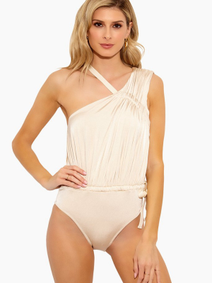 Asymmetric Ruched Tie One Piece Swimsuit - Ivory White