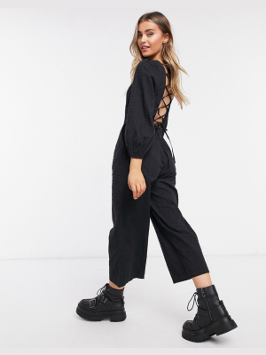 Daisy Street Wide Leg Jumpsuit With Lace Up Back In Texture
