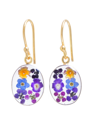 Women's Gold Over Sterling Silver Pressed Flowers Small Oval Drop Earrings