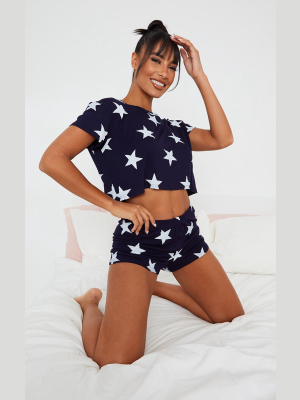 Navy With White Stars Printed Short Pj Set