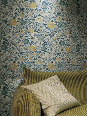 Oriental Garden Wallpaper In Silver, Peacock, And Saffron By Missoni Home For York Wallcoverings