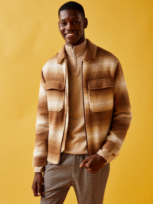 Brown Fade Check Shacket With Wool