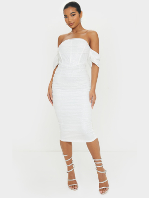 White Glitter Chiffon Bardot Ruched Midi Dress