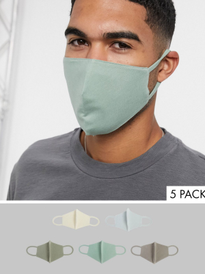 Asos Design 5 Pack Organic Cotton Face Coverings In Khaki Ecru & Sage Green Jersey