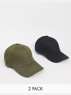 Asos Design 2-pack Baseball Cap In Black And Khaki Cotton