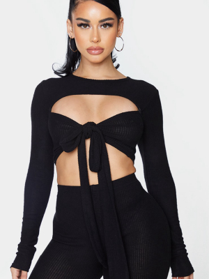 Shape Black Brushed Rib Tie Front Crop Top