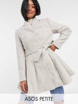 Asos Design Petite Belted Skater Coat In Stone