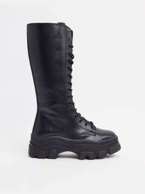 Bershka High Lace Up Boots With Track Sole In Black