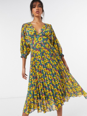 Asos Design Pleated Batwing Midi Dress In Green Floral