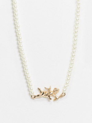 Asos Design Necklace In Pearl With Cherub Pendant In Gold Tone