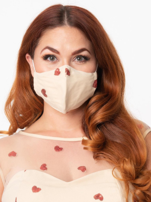 Magnolia Place Cream Mesh & Red Sequin Hearts Face Mask