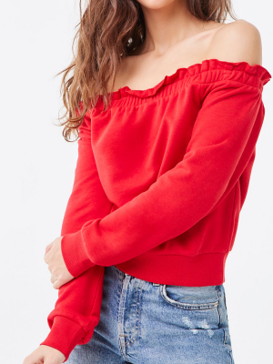 Ruffled Off-the-shoulder Sweatshirt