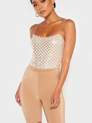 Rose Gold Strappy Sequin Straight Neck Bodysuit