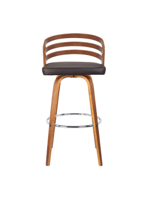 26" Jayden Mid-century Swivel Counter Height Barstool In Brown Faux Leather With Walnut Veneer - Armen Living