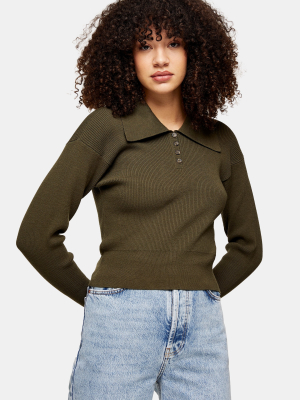 Khaki Oversized Collar Knitted Top