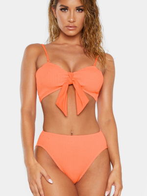 Coral Crinkle Bow Bikini Top