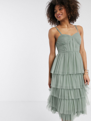 Anaya With Love Tulle Frilly Tiered Midi Dress In Green