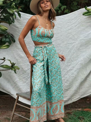 Bohemian Print Shirred Crop Top With High Waist Pants