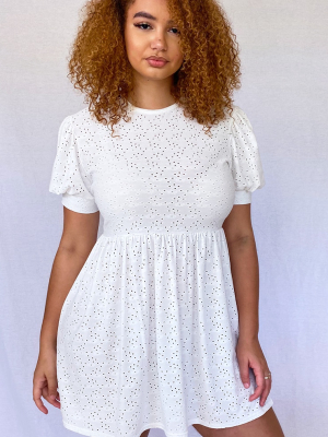 Plus White Broderie Cap Sleeve Smock Dress