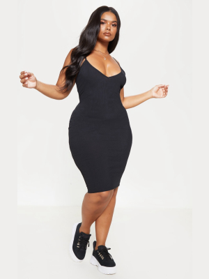 Plus Black Ribbed Plunge Midi Dress