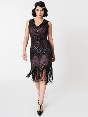 Unique Vintage 1920s Deco Purple & Black Sequin Veronique Fringe Flapper Dress