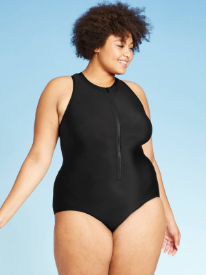 Women's Plus Size Zipper Front One Piece Swimsuit - Aqua Green® Black