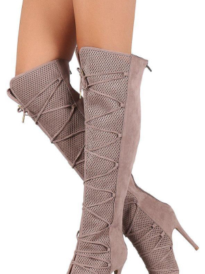 Ara140x Taupe Suede Pu Peep Toe Perforated Lace Up Boot