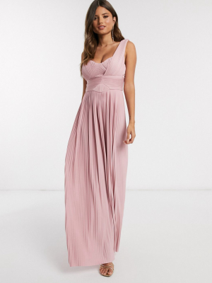 Asos Design Premium One Shoulder Pleated Panel Maxi Dress In Soft Pink