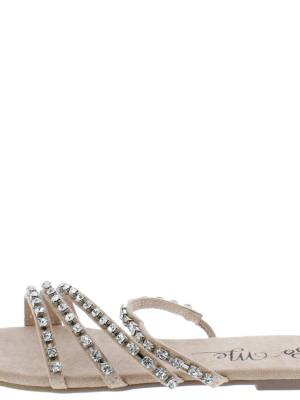 Naveah Nude Rhinestone Strappy Open Toe Slide Sandal