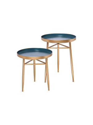 Set Of 2 Blue And Copper Metal Nesting Side End Tables - Foreside Home And Garden