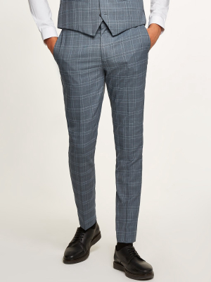 Blue Tonal Check Skinny Suit Pants