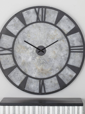 35" Farmhouse Distressed Iron And Wood Round Wall Clock Gray/black - Olivia & May