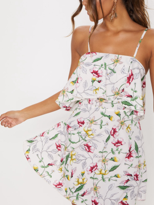 Cream Floral Print Strappy Layered Skater Dress