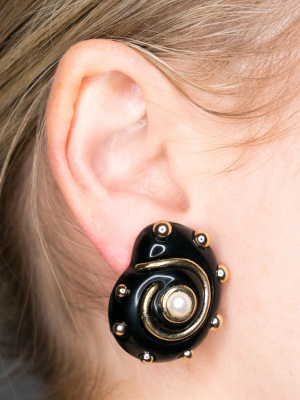 Black With Gold Dots And Pearl Center Shell Clip Earrings